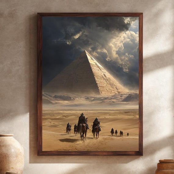 Ancient Egypt Pyramid Canvas Art With Desert Warriors On Horseback Mystical Sandstorm Scene Historical Wall Decor Print