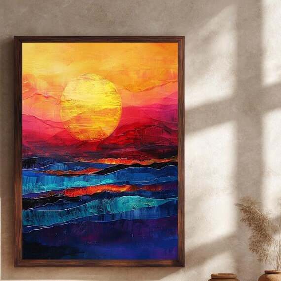 Colorful Sunset Ocean Canvas Wall Art Abstract Seascape Painting With Bold Textures And Vibrant Sun For Modern Or Coastal Home Decor