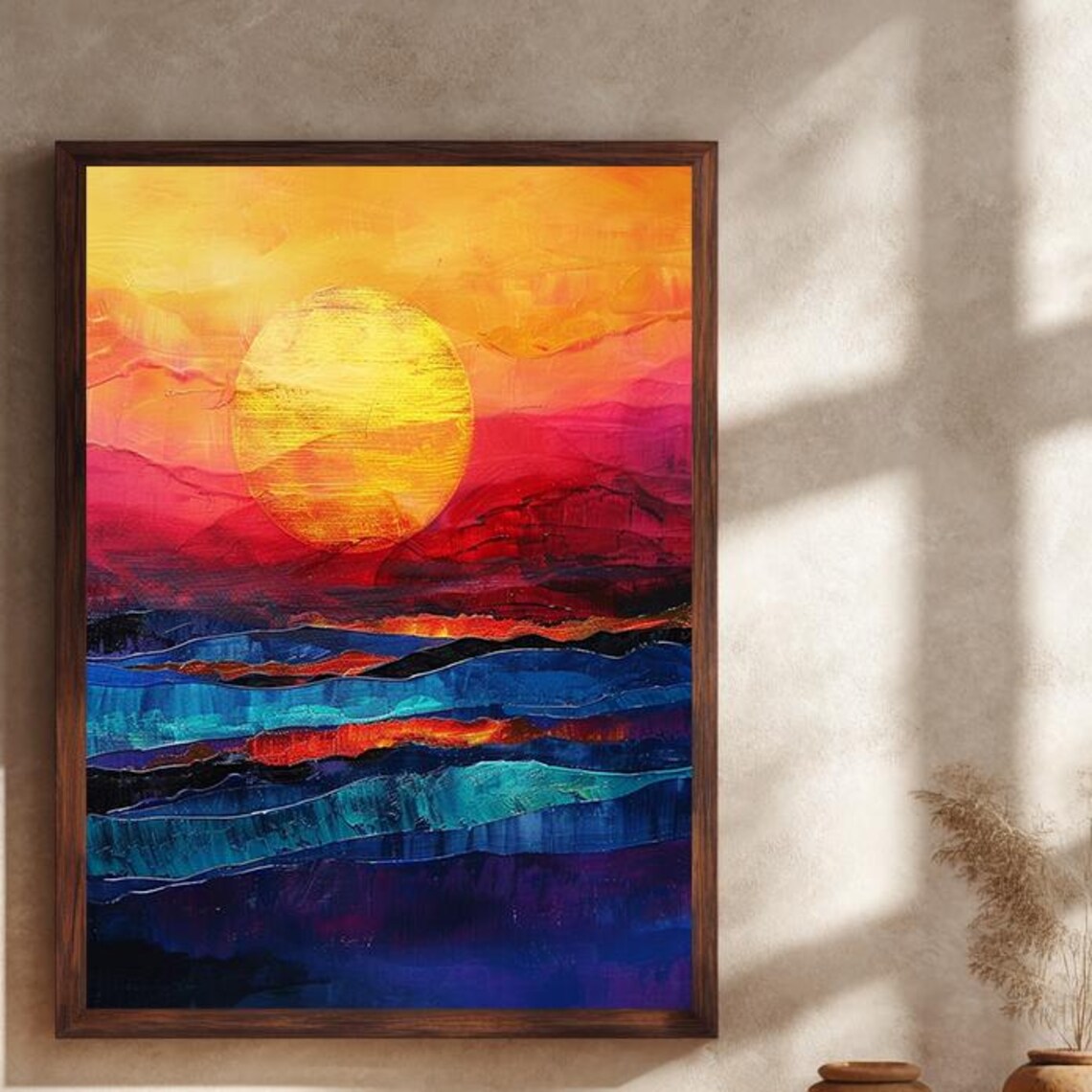 Golden Sun Setting Over Layered Indigo Ocean Waves Abstract Bold Poster