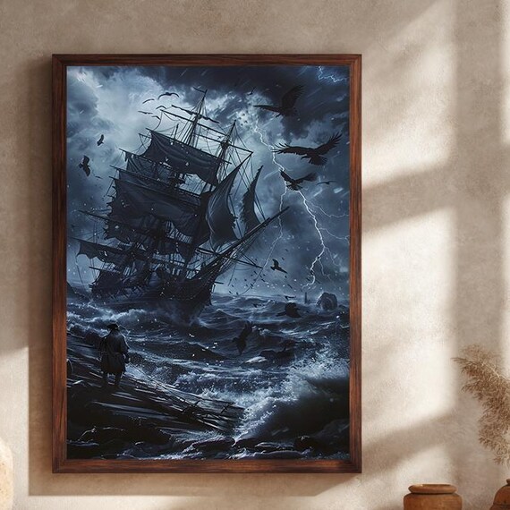 Dark Ghost Ship Sailing Through Stormy Sea Under Lightning Poster