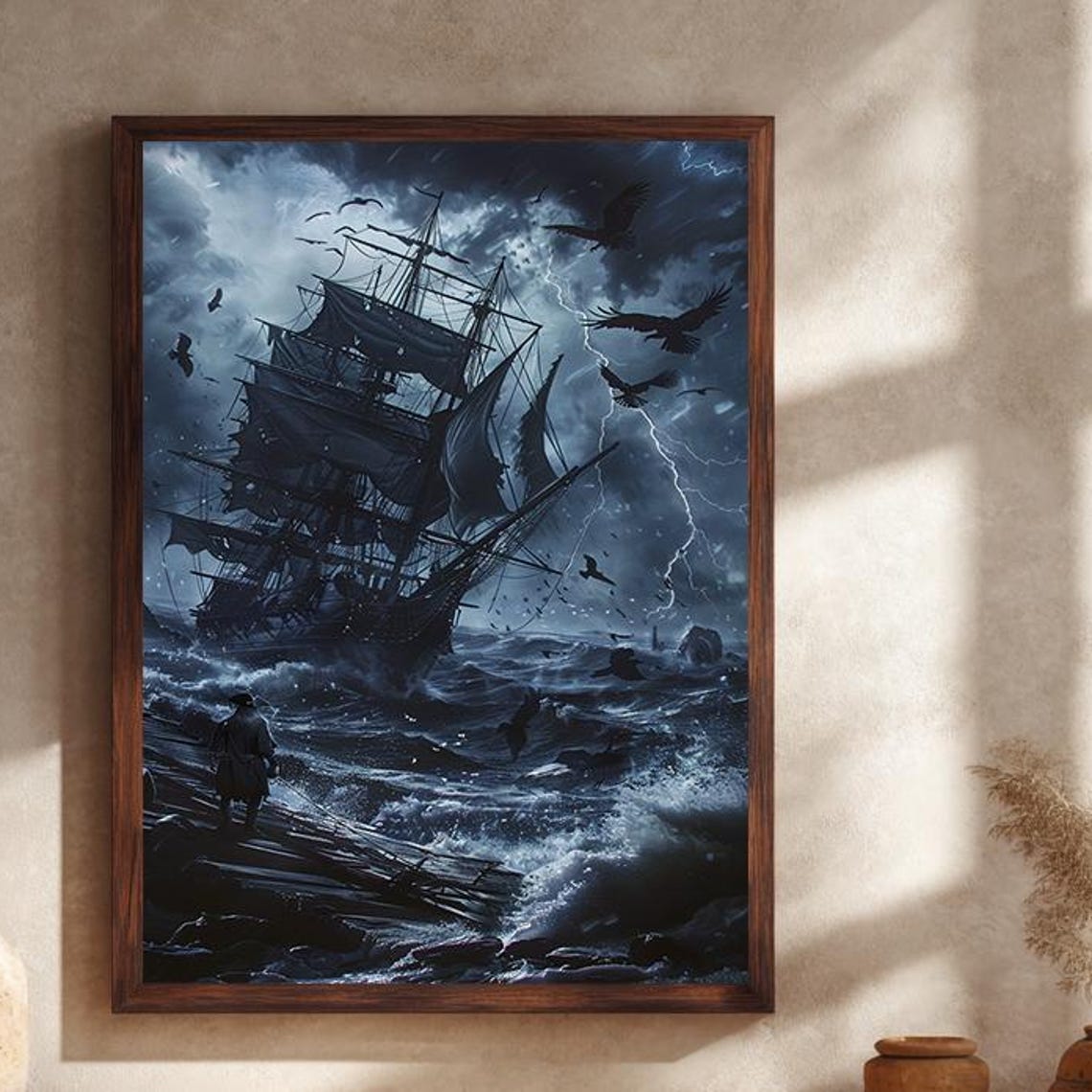Dark Ghost Ship Sailing Through Stormy Sea Under Lightning Poster