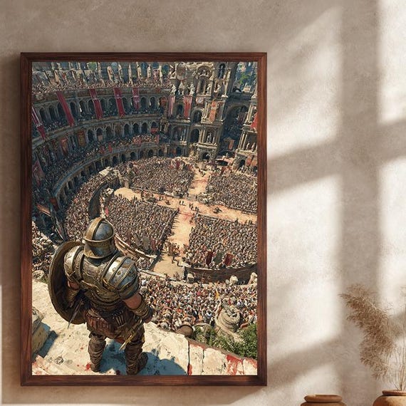 Epic Gladiator Arena Canvas Wall Art Featuring Ancient Roman Colosseum Battle Scene Heroic Warrior Print For Medieval Or Fantasy Home Decor