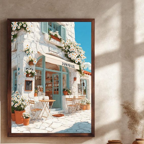 Mediterranean Caf Canvas Wall Art White Stone Daisy Flower Bistro Scene Print For Rustic Kitchen Or Summer Coffee Corner Poster