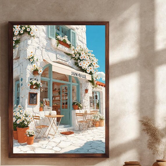 Mediterranean Daisy Cafe Poster White Stone Floral Bistro Storefront Art