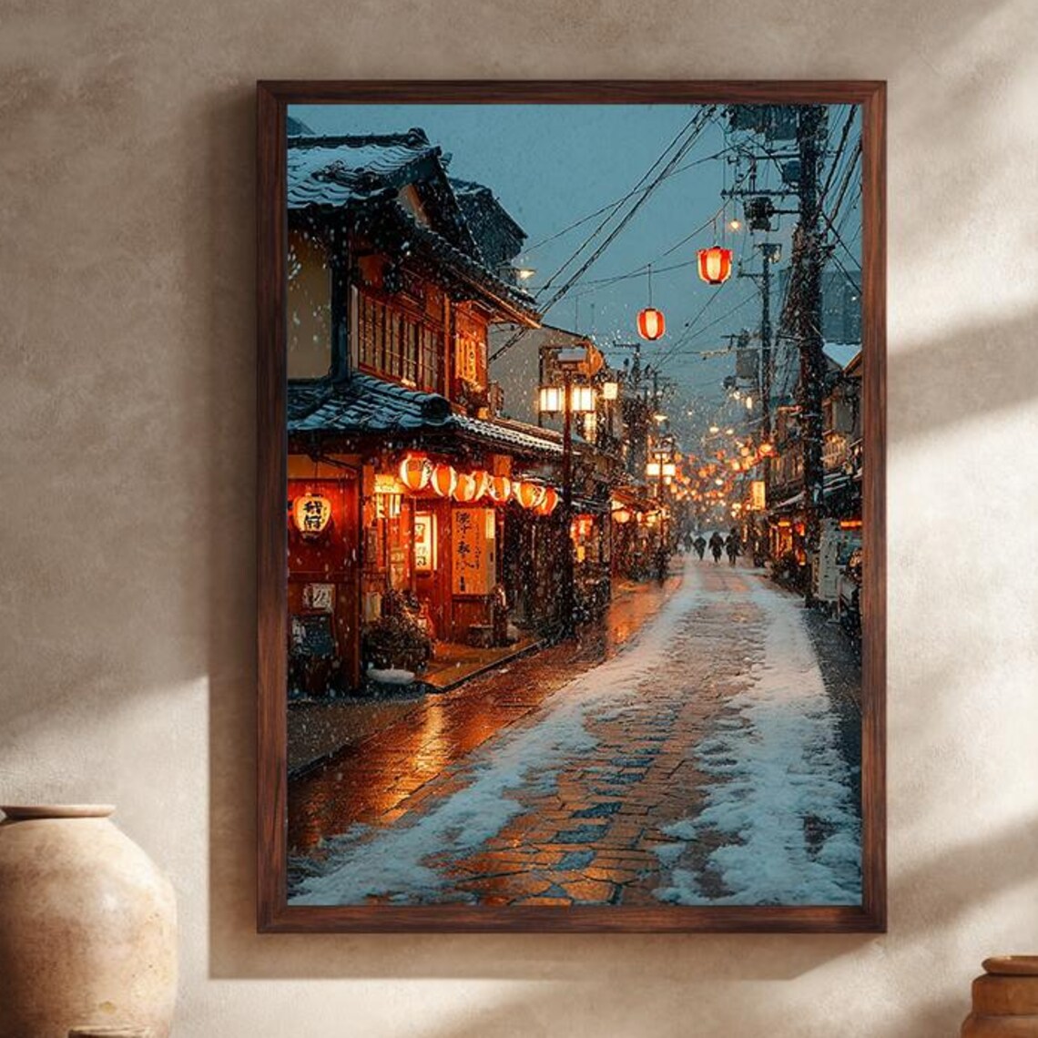 Snowy Kyoto Lantern Lit Street On Winter Night City Art Poster