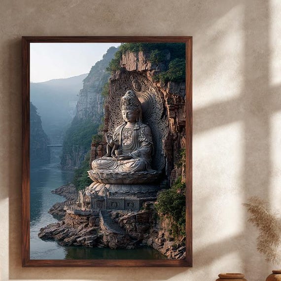 Monumental Cliffside Buddha Statue Zen River Spiritual Wall Art