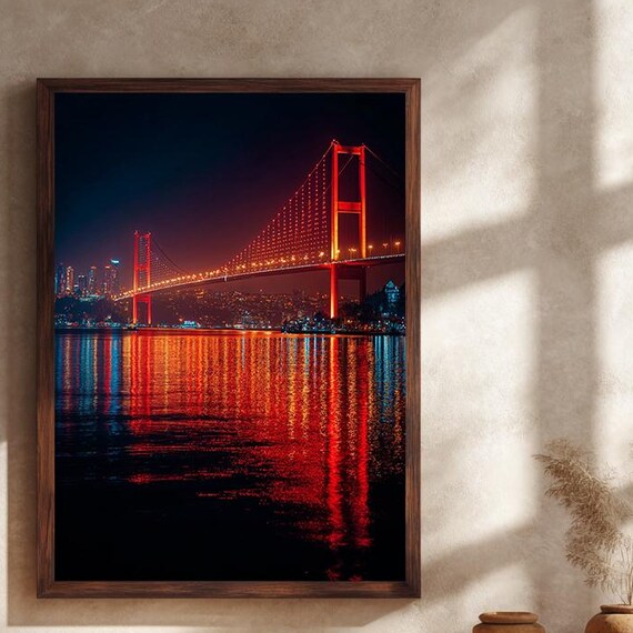 Istanbul Bosphorus Bridge Red Night Lights Reflection Poster