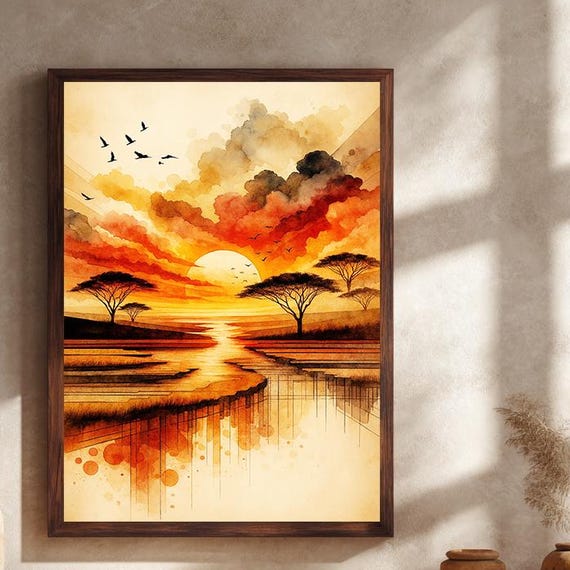 African Sunset Canvas Wall Art Vibrant Savannah Landscape Print Golden Sky Scenery Wildlife Inspired Nature Home Decor