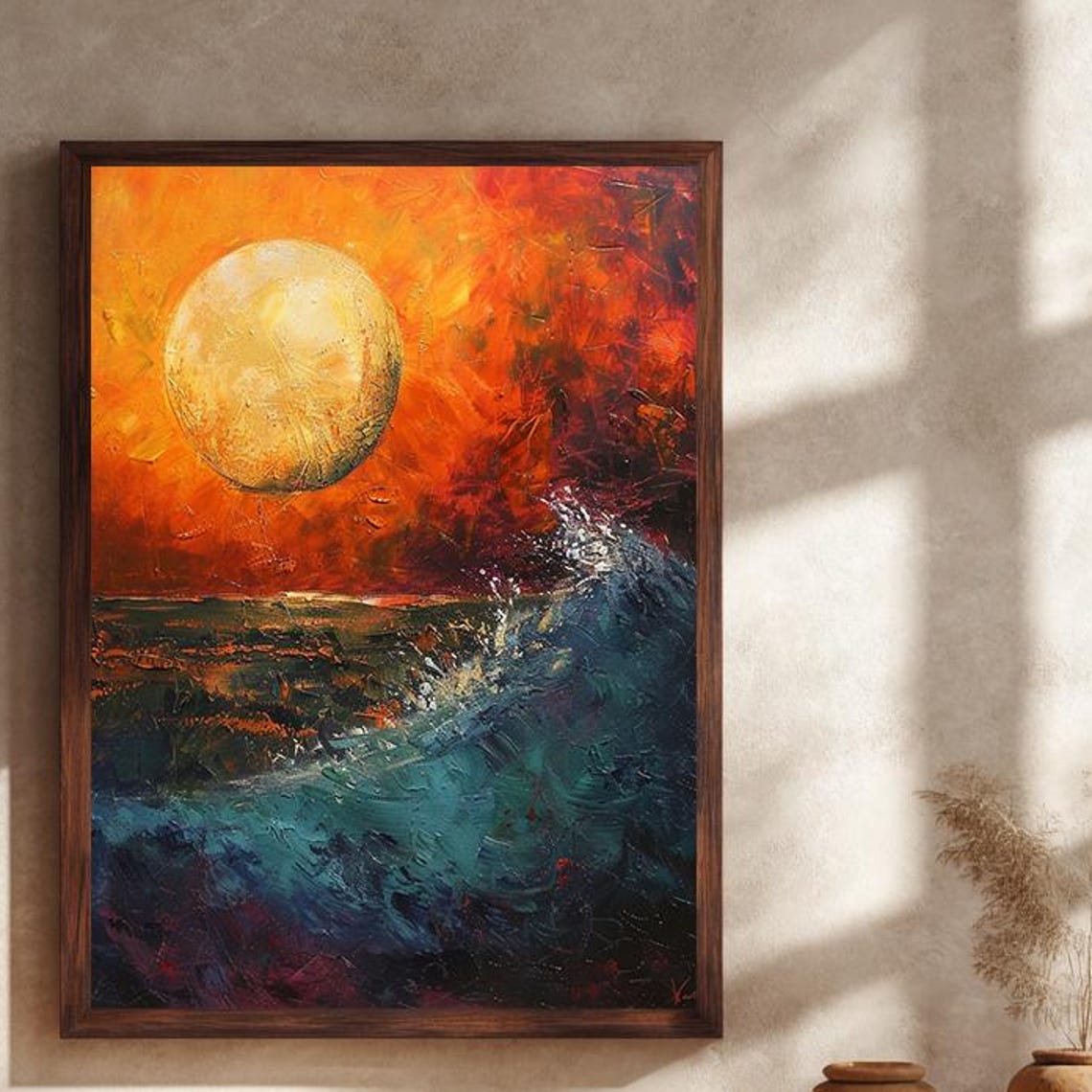 Golden Moon Over Teal Ocean Waves Impasto Fiery Sky Dramatic Poster