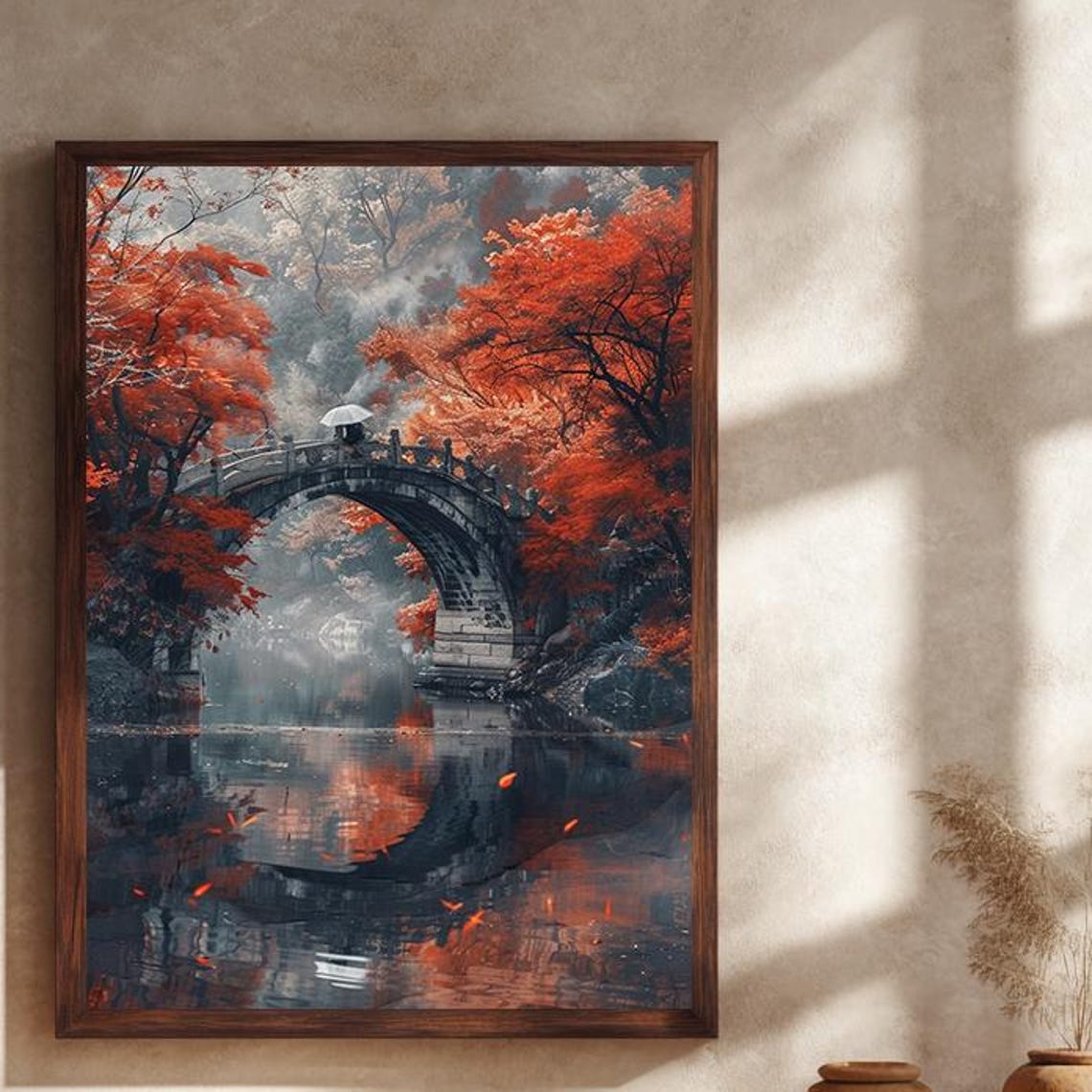 Red Maple Trees Stone Arch Bridge Tranquil River Wall Poster