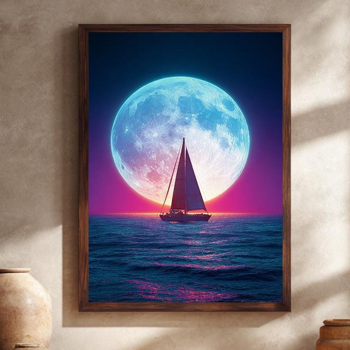 Neon Moonlit Sailboat Sailing Under a Giant Full Moon Poster