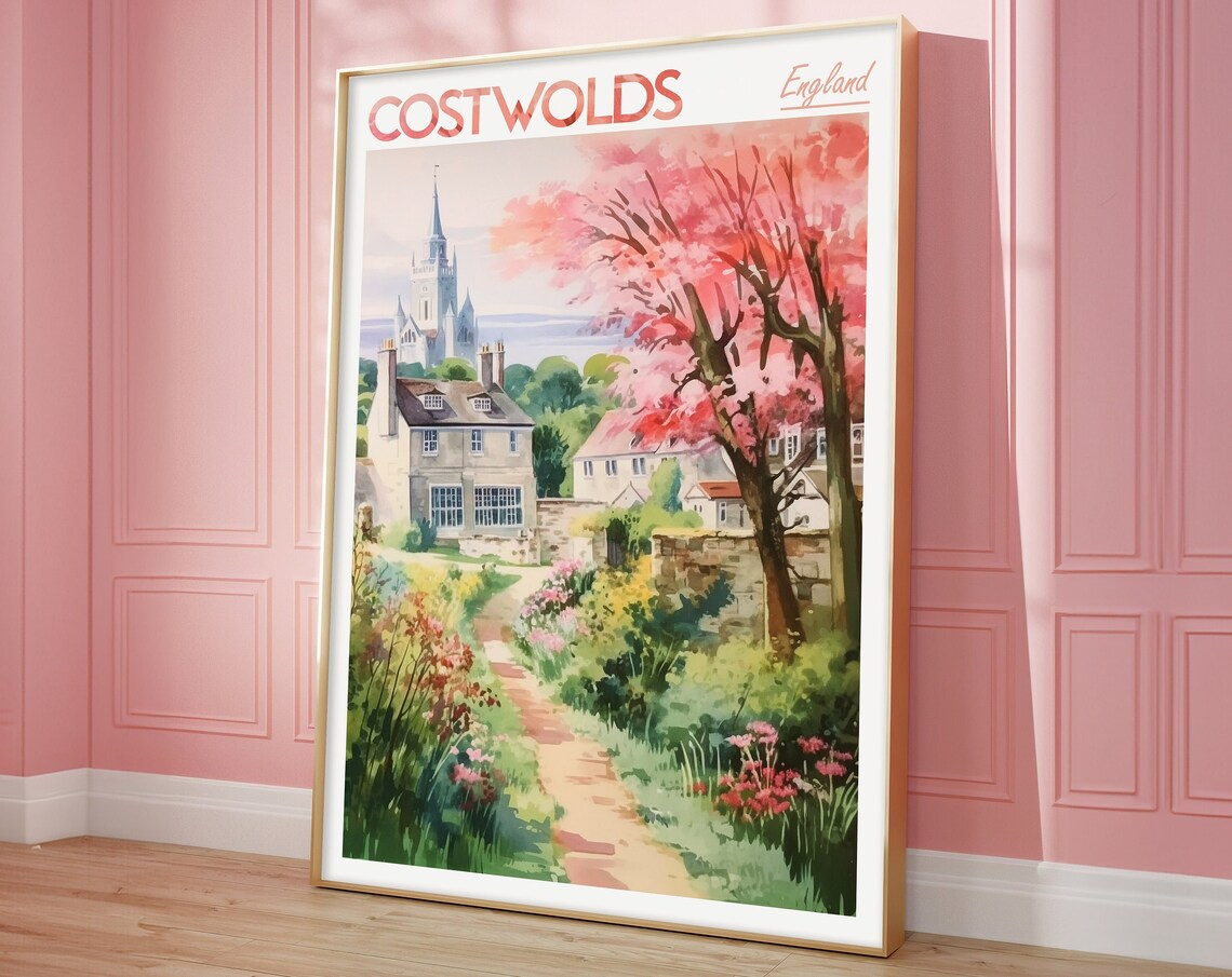 Costwolds England Village Garden Path Watercolor Travel Poster