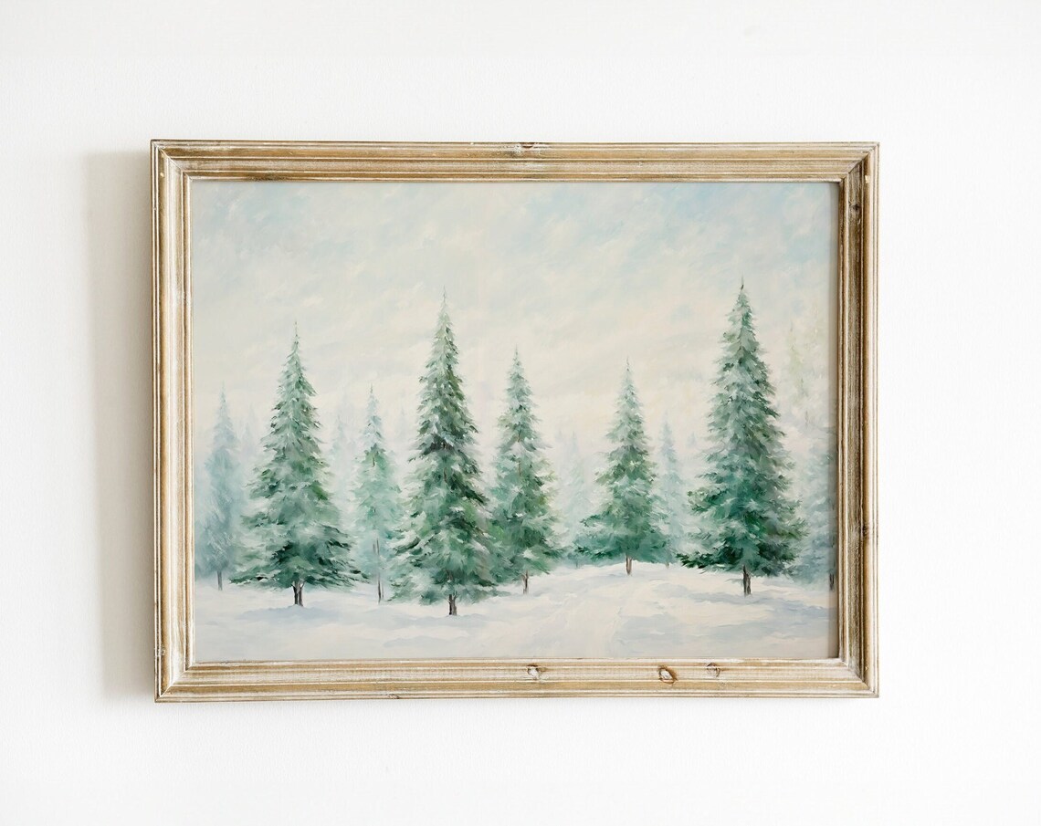 Christmas Trees Art Print, Vintage Rustic Winter