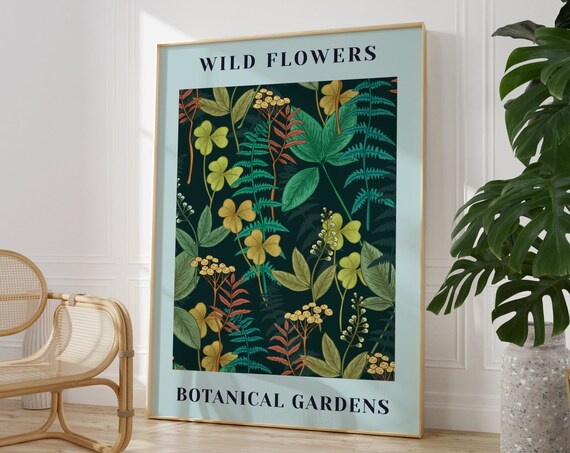 Wild Flowers Botanical Gardens Dark Green Fern Yellow Bloom Poster