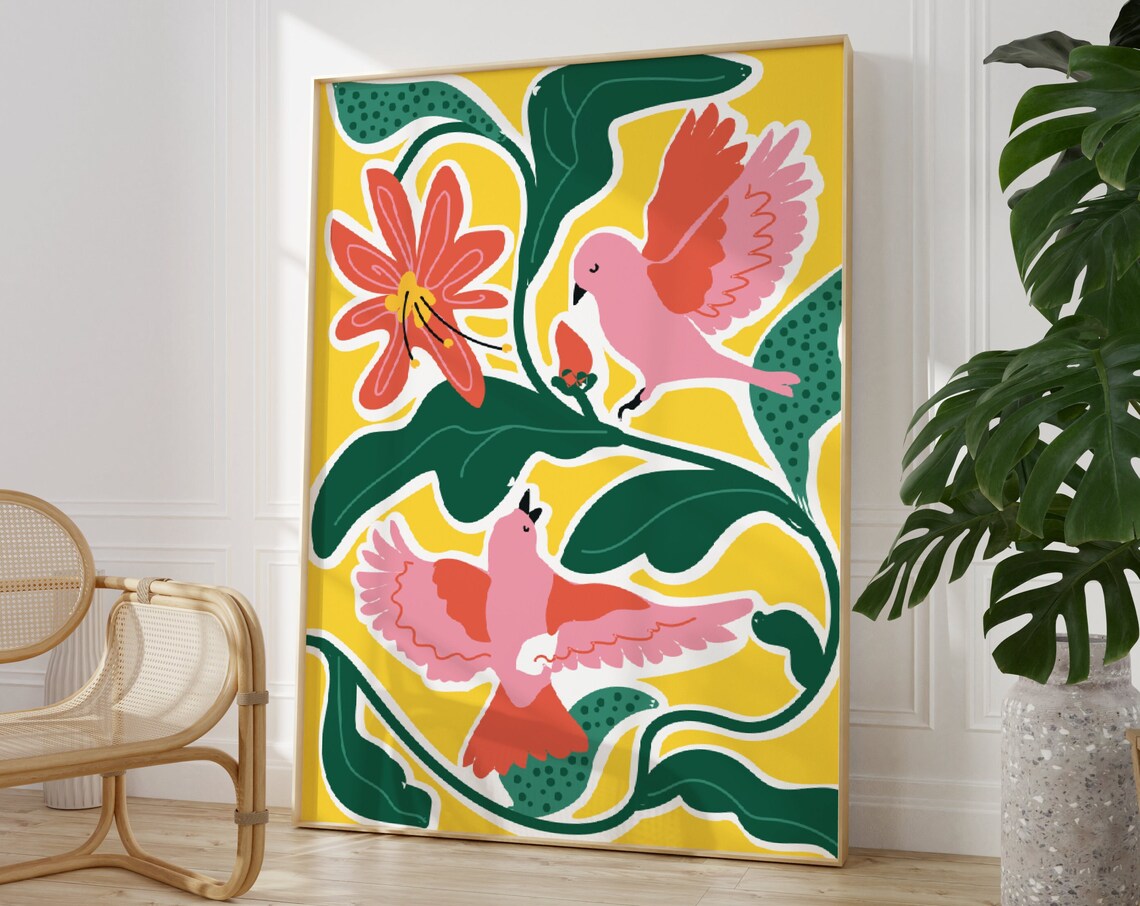 Colourful Birds And Plant Art Print, Modern Illustration