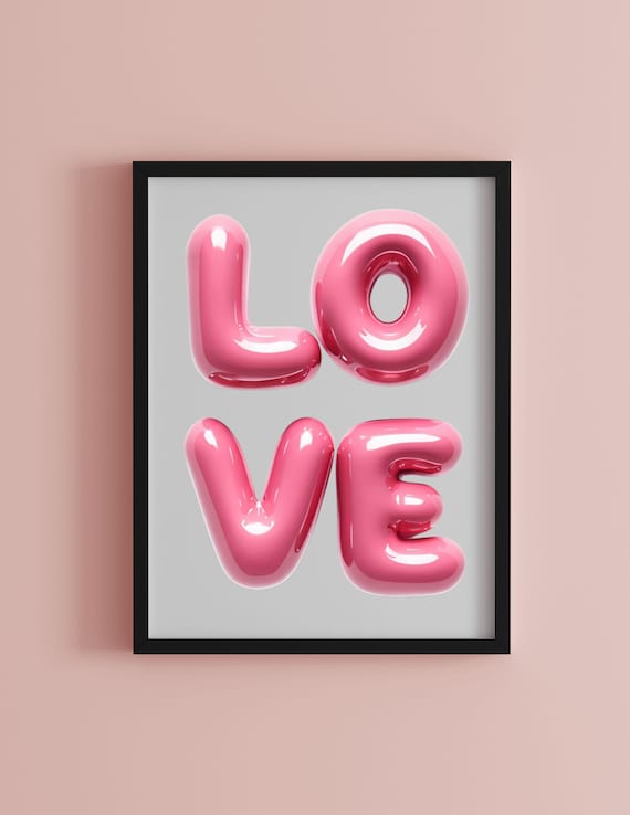 Love Pink Balloon Letters Glossy 3D Playful Modern Art Poster