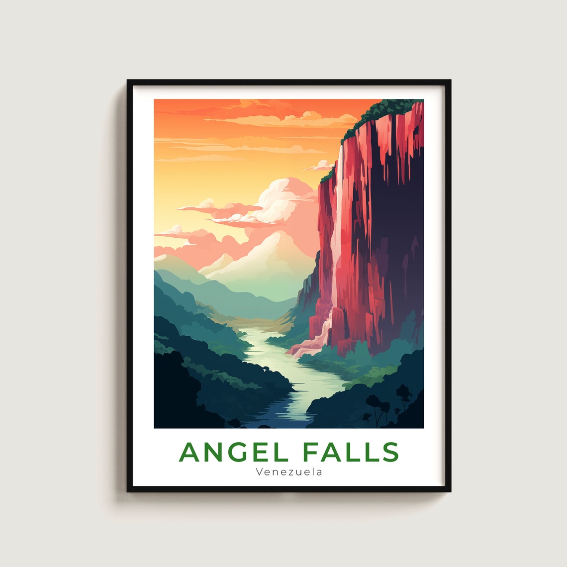 Angel Falls Venezuela Sunset Cliff Waterfall Vintage Travel Poster