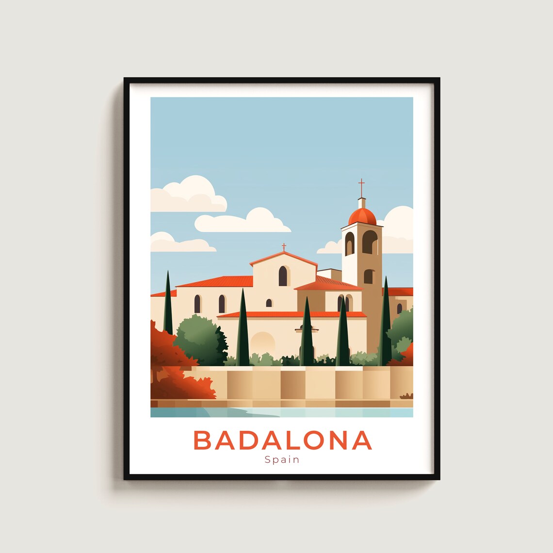Badalona Spain Monastery Church Cypress Trees Garden Travel Poster
