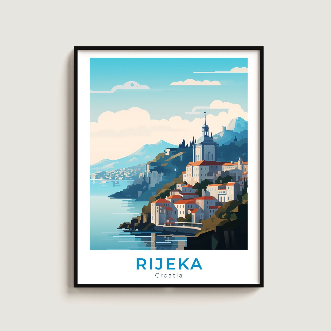 Rijeka Croatia Seaside Cliff Old Church Hill View Travel Poster