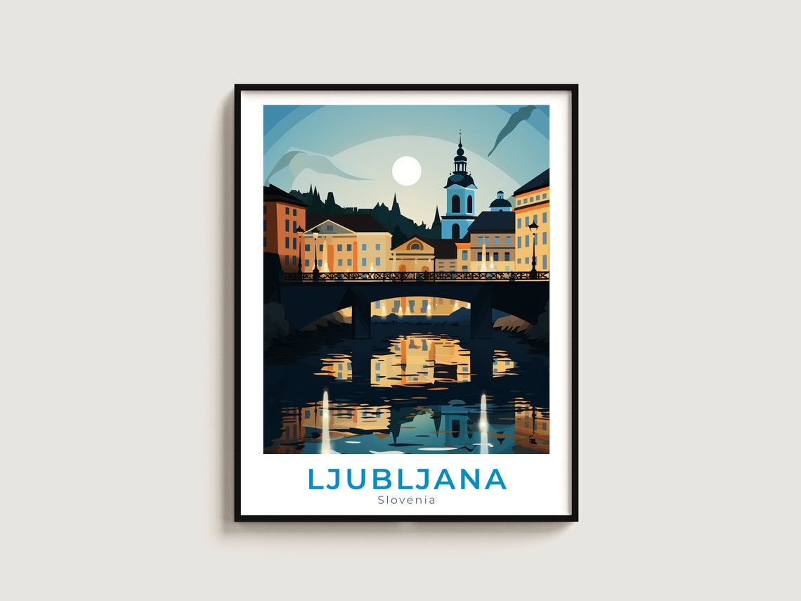 Ljubljana Slovenia Night River Bridge Moonlight Vintage Travel Poster