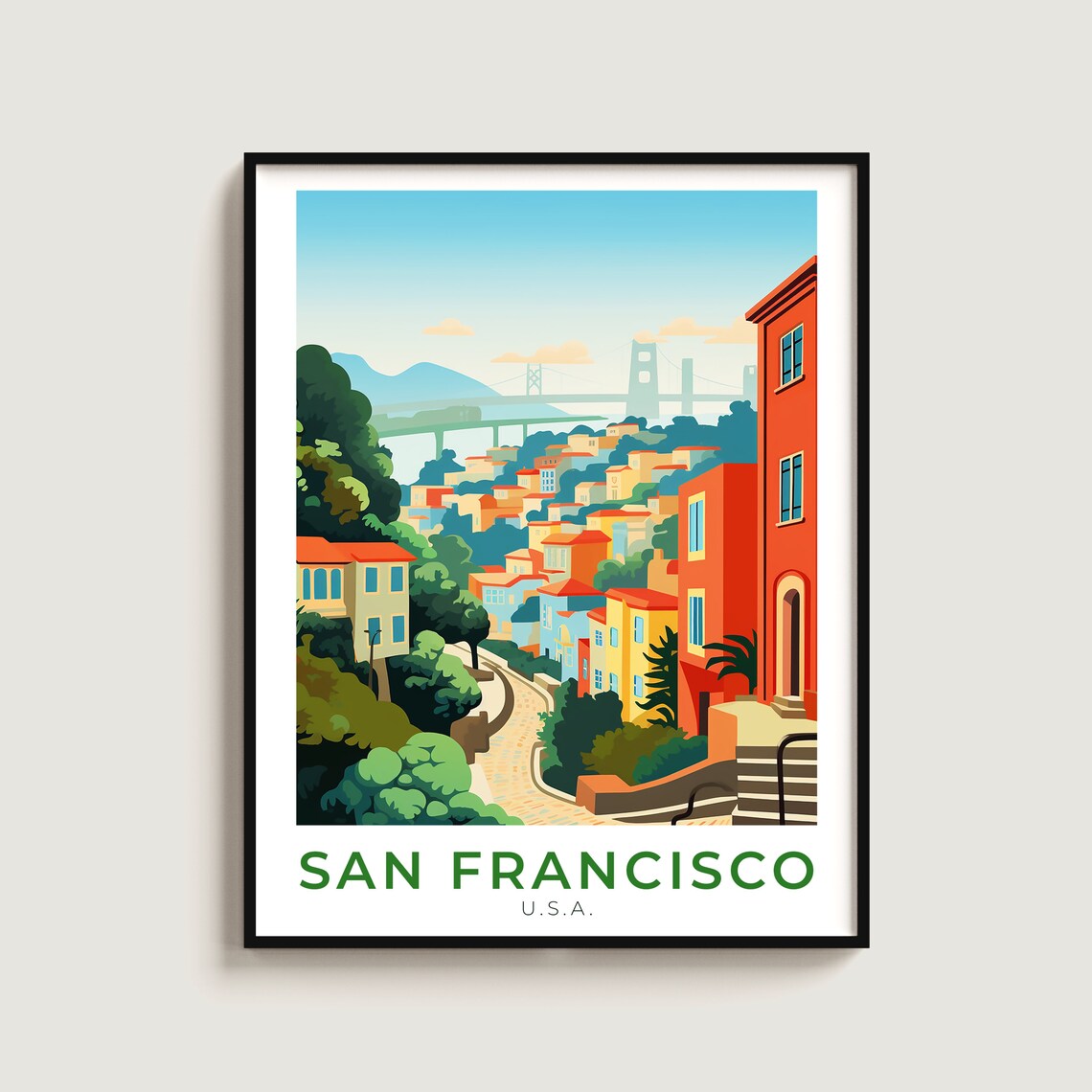 San Francisco California Hillside Houses Bay Bridge Travel Poster