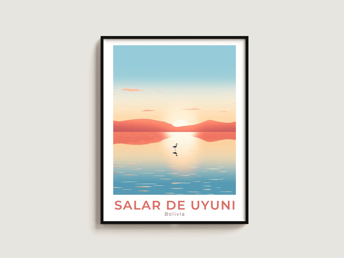 Salar de Uyuni Bolivia Salt Flat Flamingo Sunset Travel Art Poster