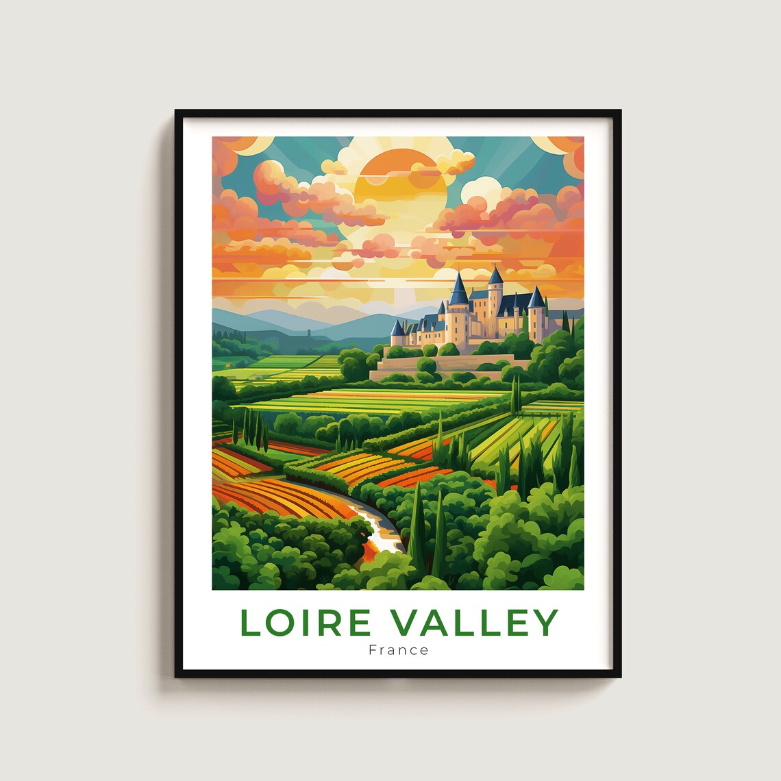 Loire Valley France Travel Poster Chateau Sunset Vineyard Scene