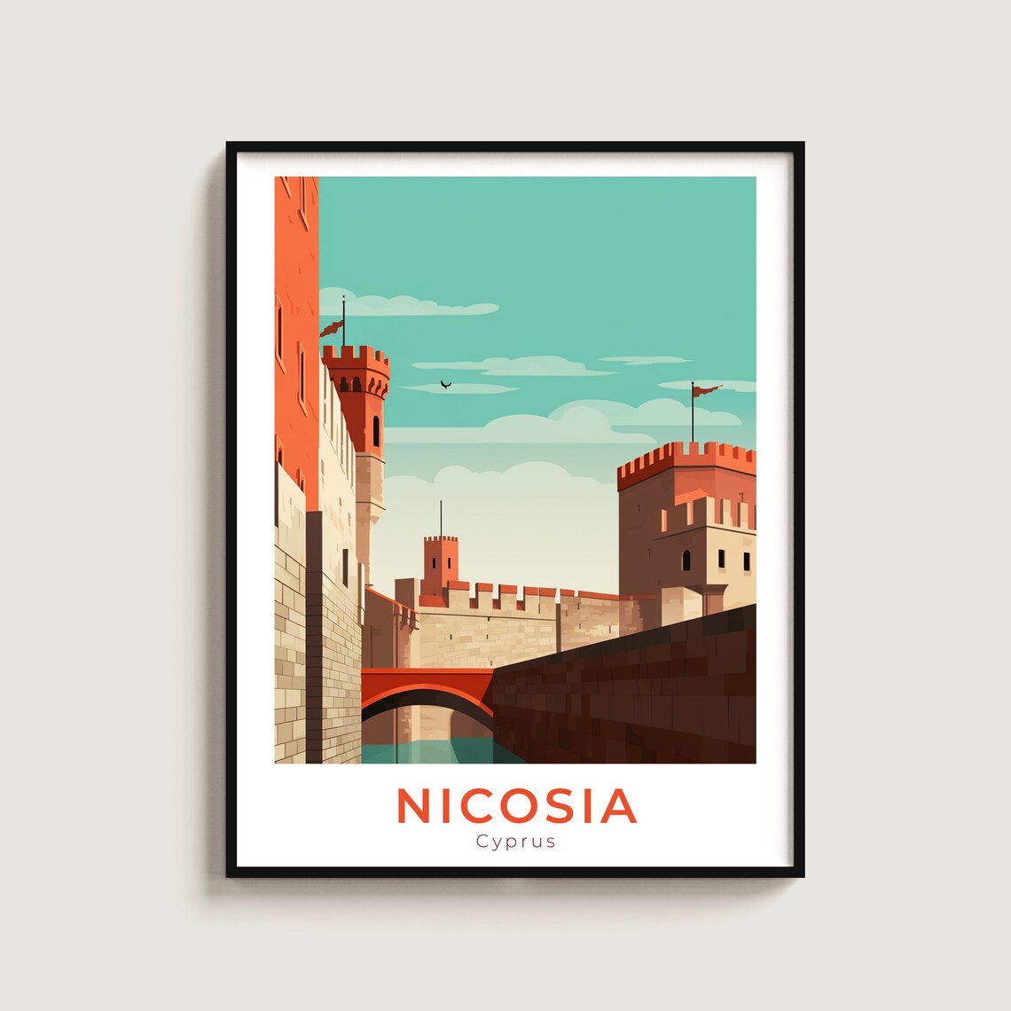 Nicosia Cyprus Medieval Fortress Walls Red Flag Towers Travel Poster