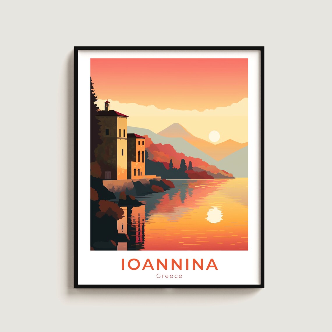 Ioannina Greece Lake Sunset Tower Mountains Travel Poster Decor