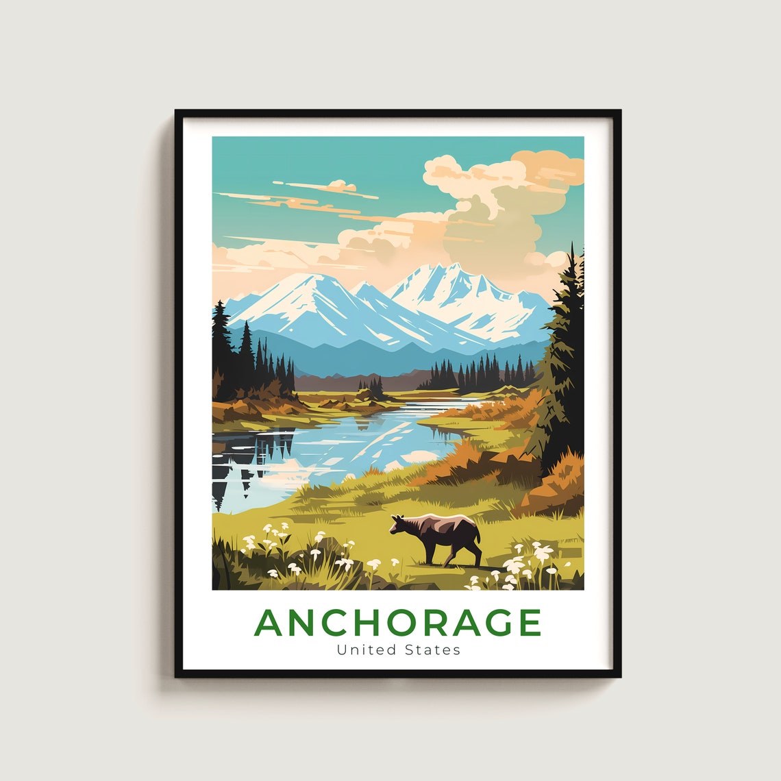 Anchorage Alaska Moose Mountain Lake Wildlife Scenic Wall Art