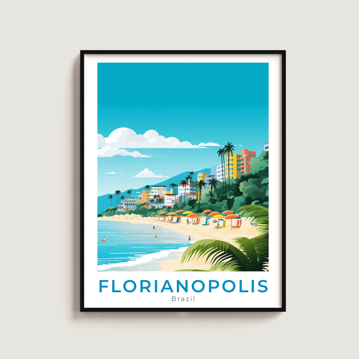 Florianopolis Brazil Beach Umbrellas Palm Trees Vintage Travel Poster