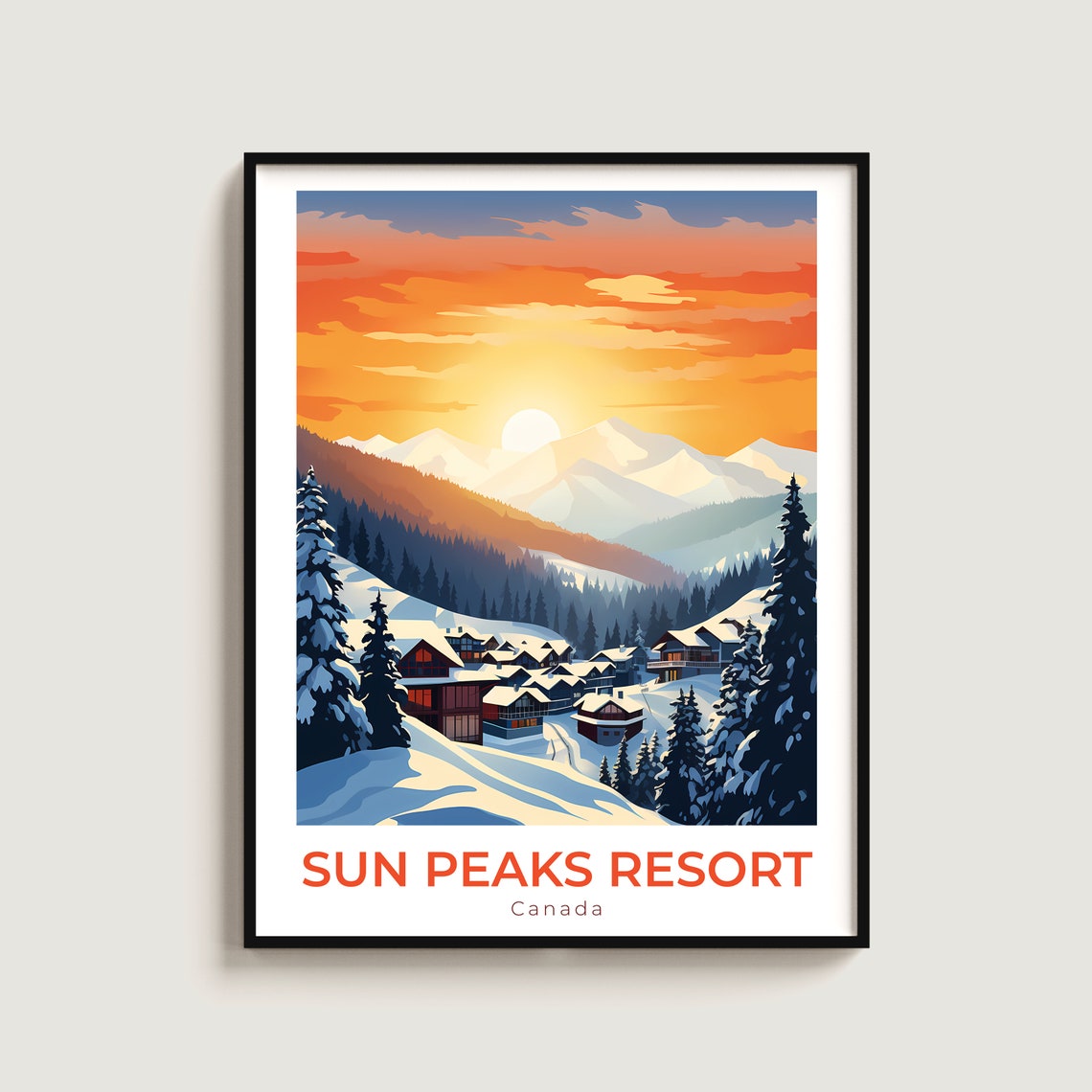 Sun Peaks Resort Canada Sunset Snowy Ski Village Travel Poster