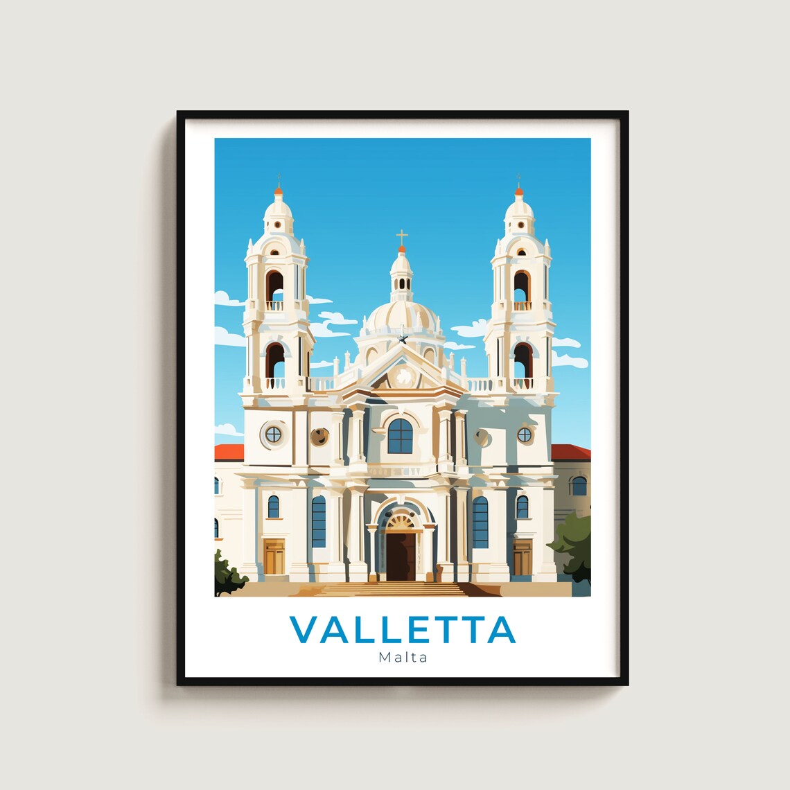 Valletta Malta White Baroque Cathedral Twin Bell Towers Dome Poster