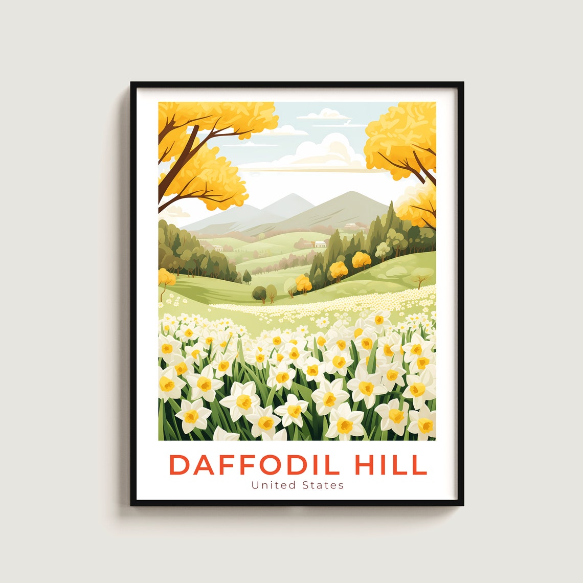 Daffodil Hill Spring Flower Field Yellow Trees Scenic Wall Art