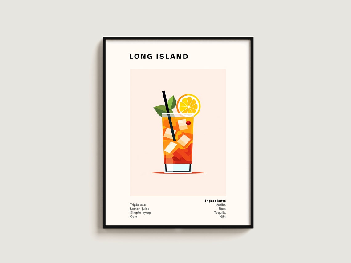 Long Island Cocktail Minimalist Recipe Tall Glass Orange Poster