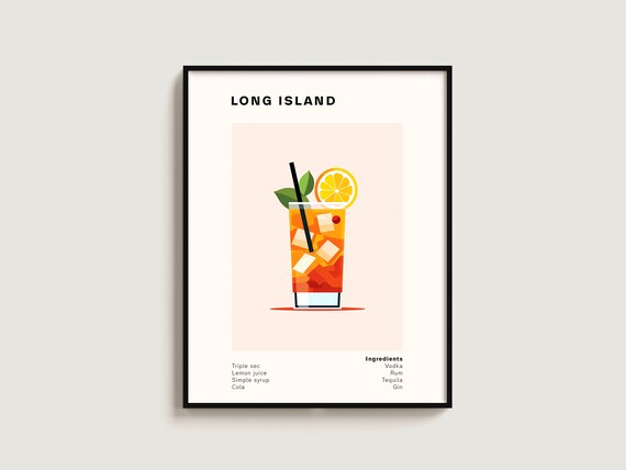 Long Island Cocktail Minimalist Recipe Tall Glass Orange Poster