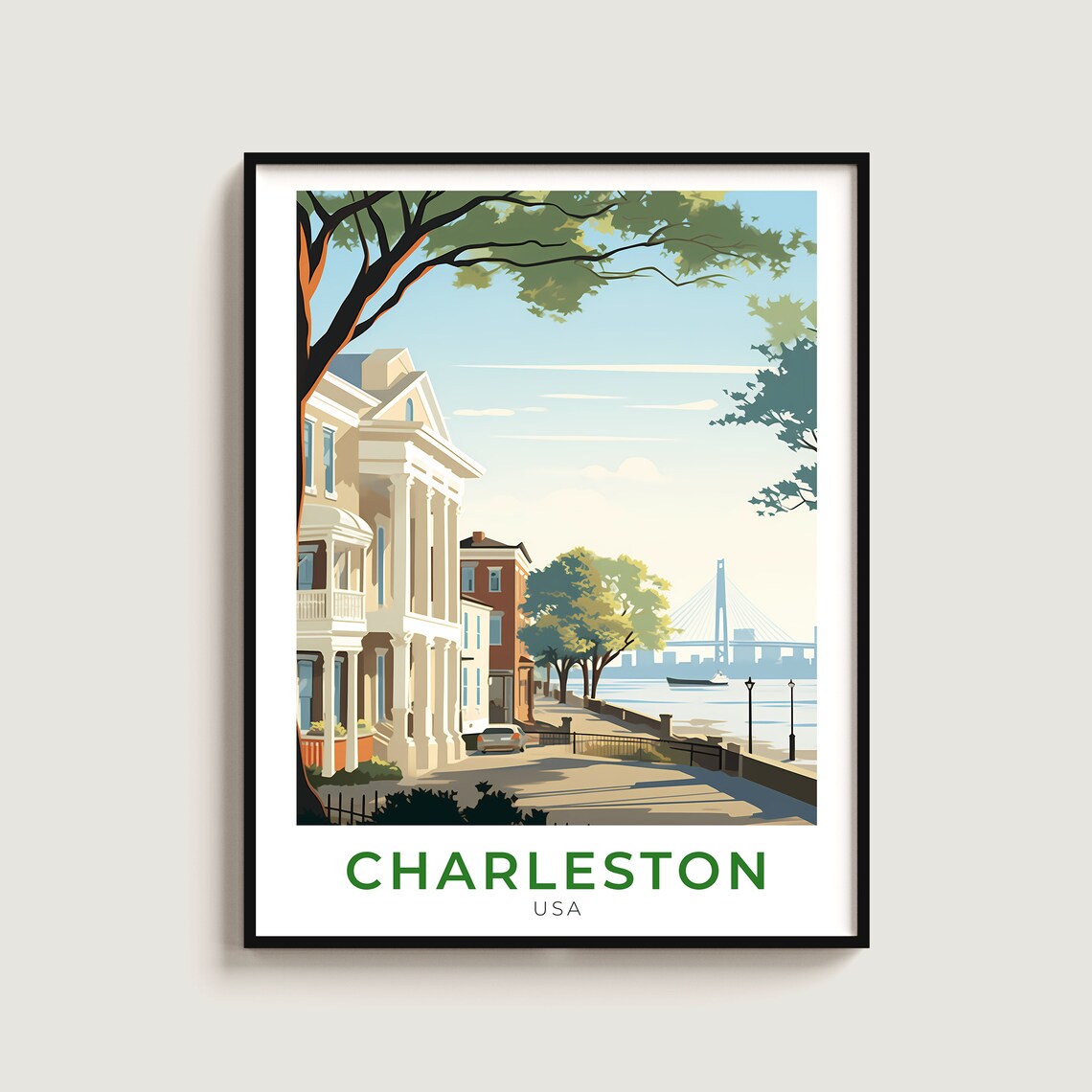 Charleston Historic Waterfront Homes Harbor Bridge Travel Poster