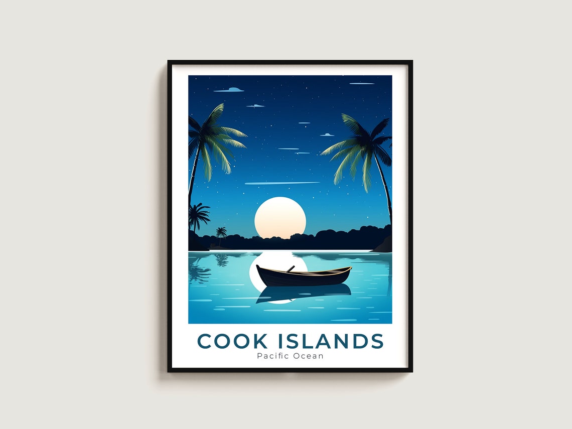 Cook Islands Pacific Ocean Moonrise Canoe Night Travel Poster