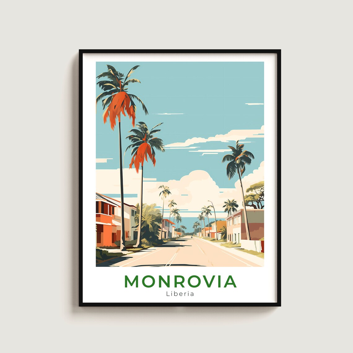 Monrovia Liberia Palm Lined Street Coastal Vintage Travel Poster