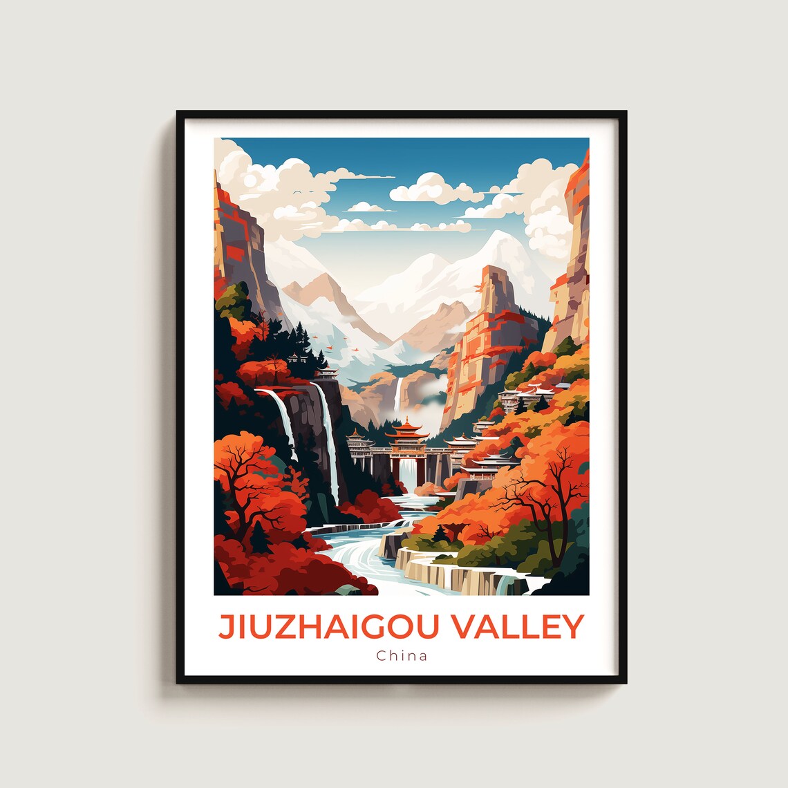 Jiuzhaigou Valley China Autumn Waterfalls Temples Travel Fiery Poster