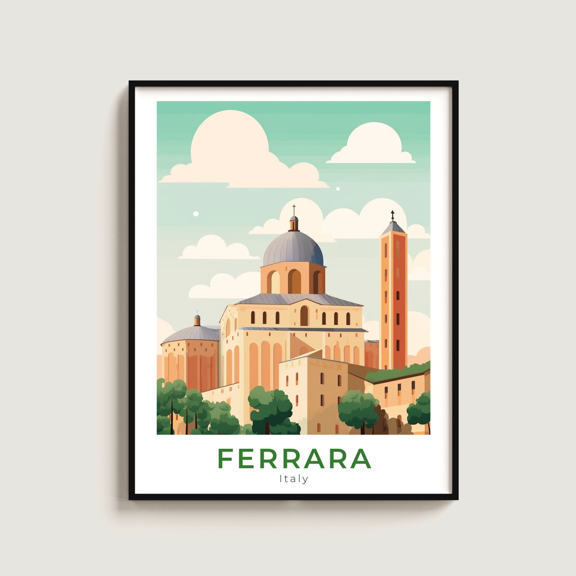 Ferrara Italy Grand Cathedral Dome Red Bell Tower Skyline Poster