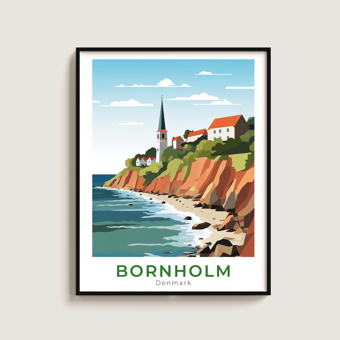 Bornholm Denmark Red Cliff Coast Church Spire Seaside Travel Poster