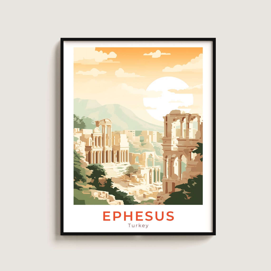 Ephesus Turkey Ancient Roman Ruins Sunset Golden Travel Poster