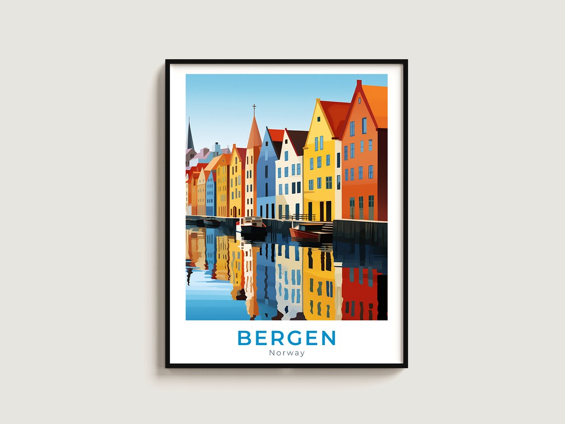 Bergen Norway Bryggen Harbor Poster Colorful Houses Travel Art