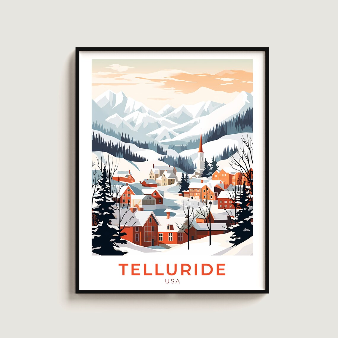 Telluride USA Red Brick Town Church Tower Snowy Mountain View Poster