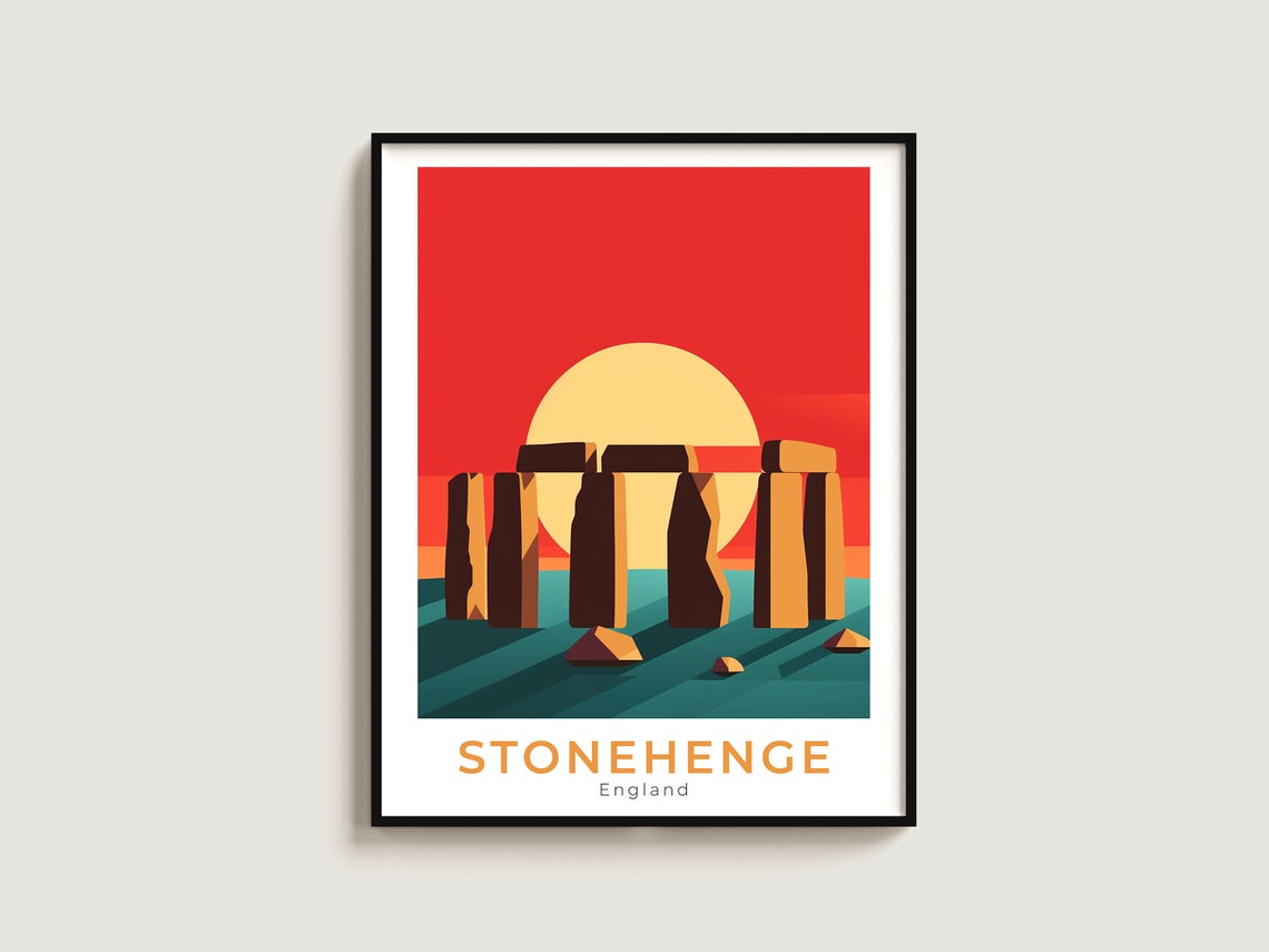 Stonehenge England Ancient Stone Circle Bold Red Sun Travel Poster