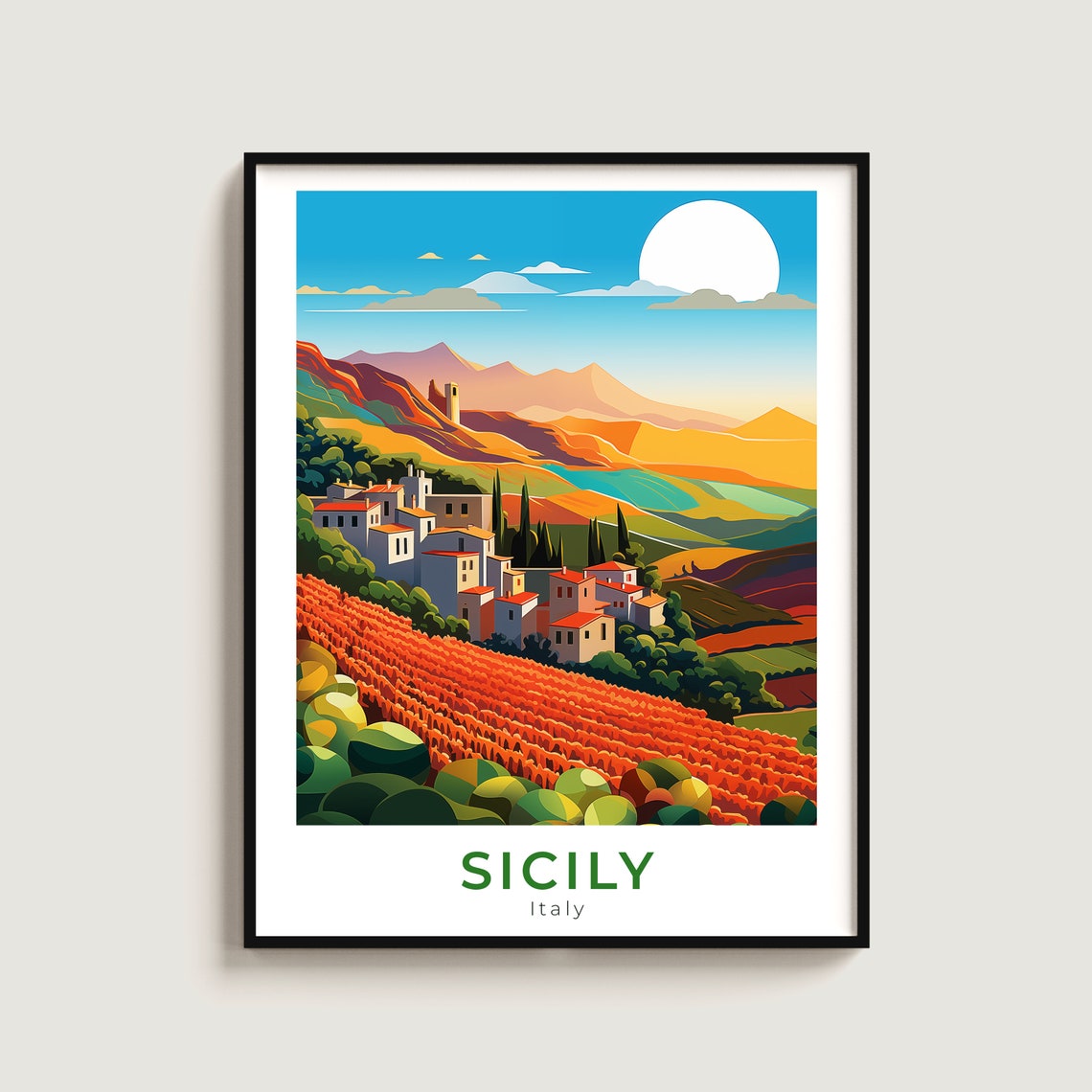Sicily Italy Rolling Vineyard Hills Village Sun Travel Poster