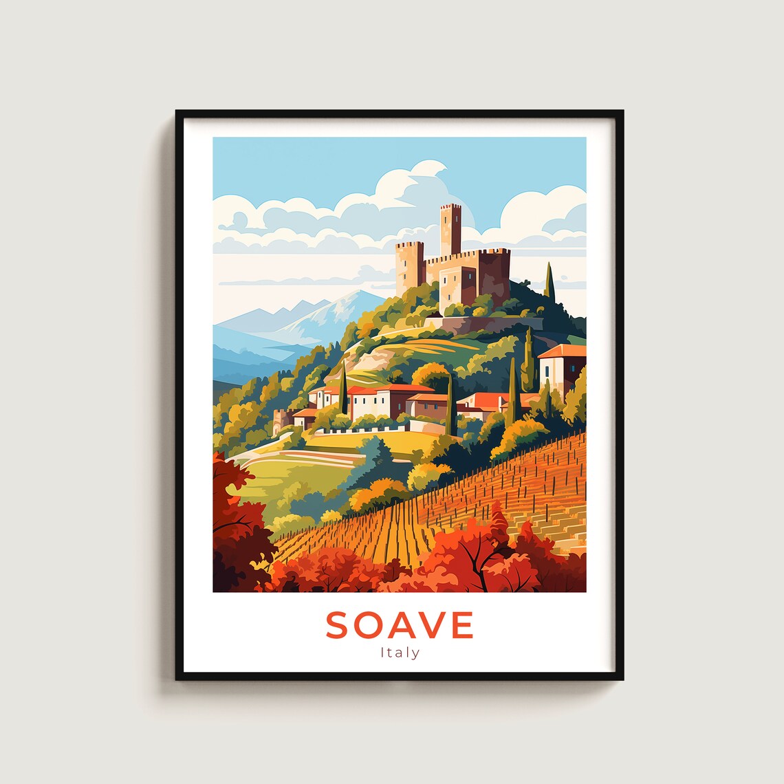 Soave Italy Hilltop Castle Vineyards Autumn Travel Poster Art