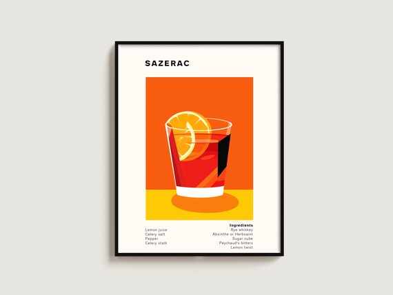 Sazerac Cocktail Minimalist Orange Retro Recipe Bar Wall Poster