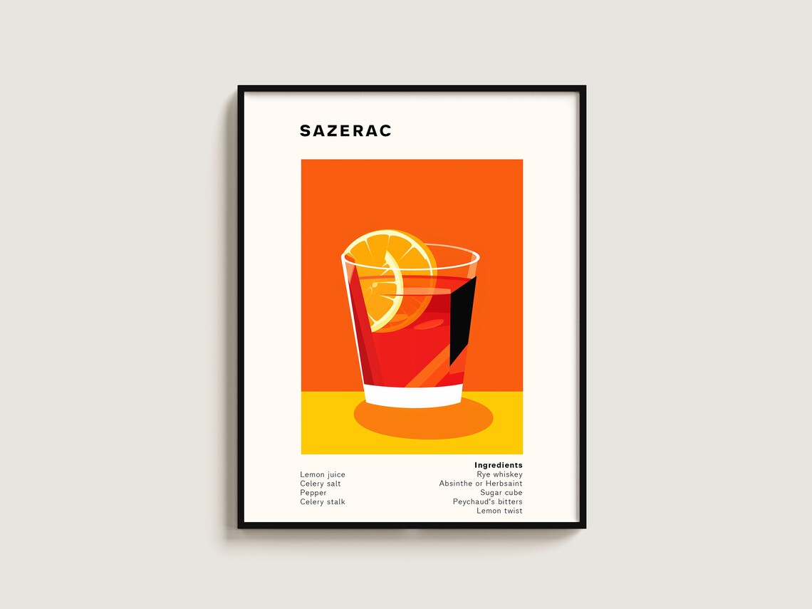Sazerac Cocktail Minimalist Orange Retro Recipe Bar Wall Poster
